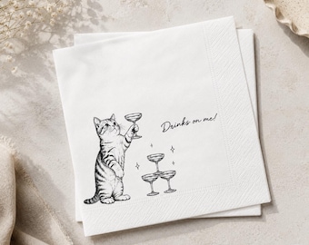 Custom Cat Portrait Napkins, Drinks On Me Party Napkins, Wedding Party Decor, Pet Lover Gift