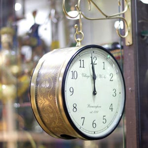 Vintage Brass Railway Wall Clock: Antique Double-Sided Metal Decor