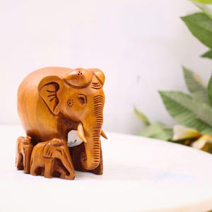 Hand Carved Wooden Elephant Family Figurine Symbol of Bond & Protection