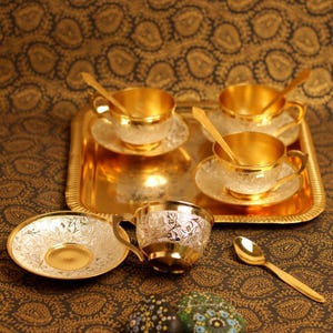 Handcrafted Engraved Tea Cup Set with Tray Gold & Silver Finish 6 Piece Set