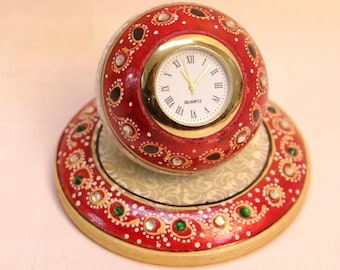 Handcrafted Marble Table Clock, Meenakari Kundan Decor, Indian Desk Clock Gift