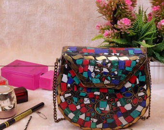 Bolso de mano con mosaico de piedra hecho a mano / Bolso de fiesta bohemio