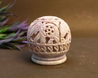Handmade Marble Elephant Jali Globe: Indian Stone Art Sculpture