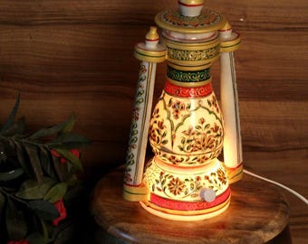 Hand Painted Marble Lantern, Rajasthani Floral Table Lamp, Ethnic Home Decor