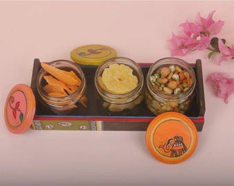 Hand Painted Wooden Dry Fruit Tray Set, 3 Jar Serving Set