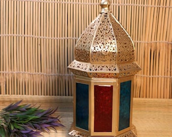 Handcrafted Iron Candle Lantern | 17-Inch Moroccan Painted Metal Decor