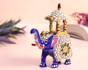 青い陶器の手作り象の置物ペア - 装飾的な陶芸芸術、収集価値のある