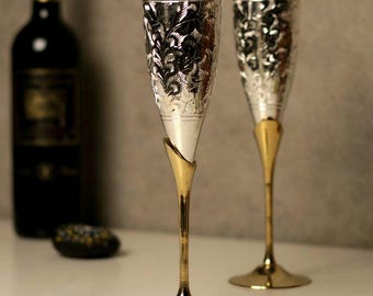 vintage Handcrafted Silver & Gold Wine Glass Set, Engraved Champagne Flutes