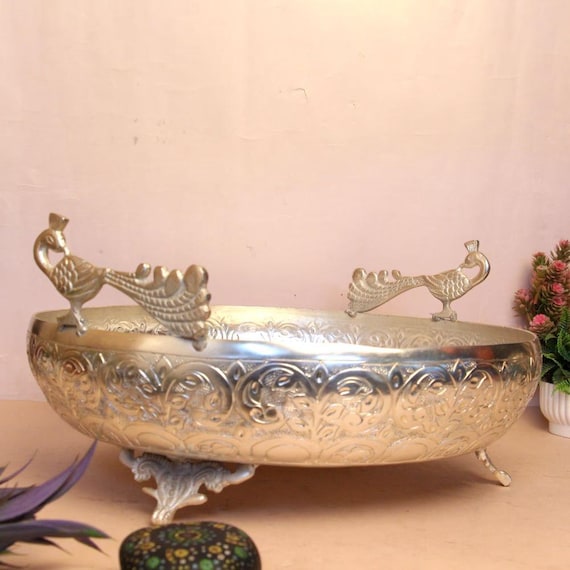 German Silver Urli Bowl, Floral Engraved, Indian Home Decor