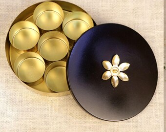 Luxury Black Gold Masala Box | Indian Spice Organizer, 7 Compartments, Floral Lid