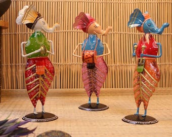 Handcrafted Painted Iron Ganesha Musician Set of 3 – Colorful Decorative Figurines for Home & Office