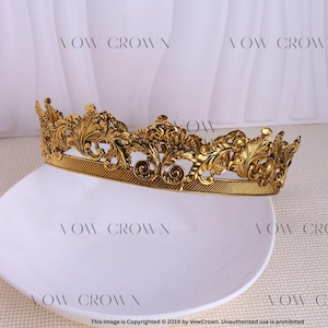 European King Crown – Antique Royal Crown for Men – Wedding Costume Cosplay Tiara – Vintage Gold party crown – Ancient gold Full Crown Gift