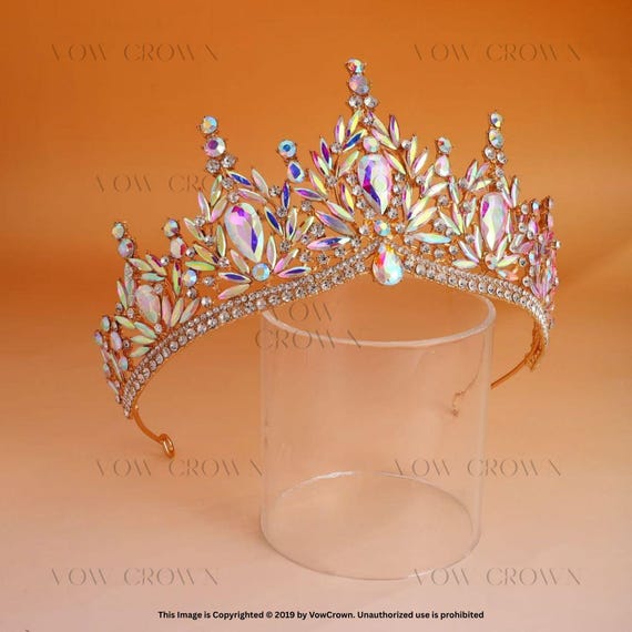 Gold Iridescent Bridal Crown: Aurora Borealis Crystal Queen  display picture 1