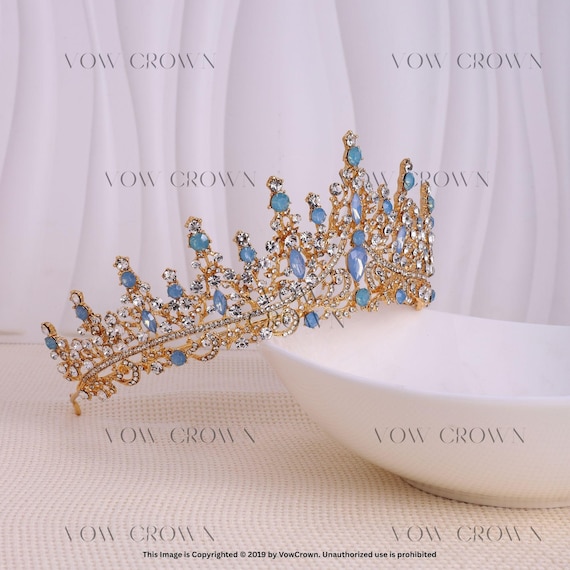 Opal Blue Crystal Tiara Jewelry Set: Bridal Gold Rhinestone  display picture 2