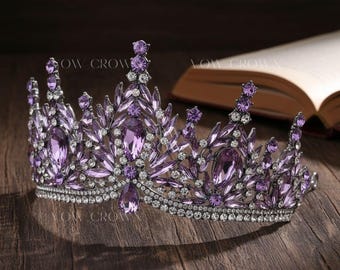 Bling Purple Crystal Leaf Tiara - Gold Wedding Queen Crown