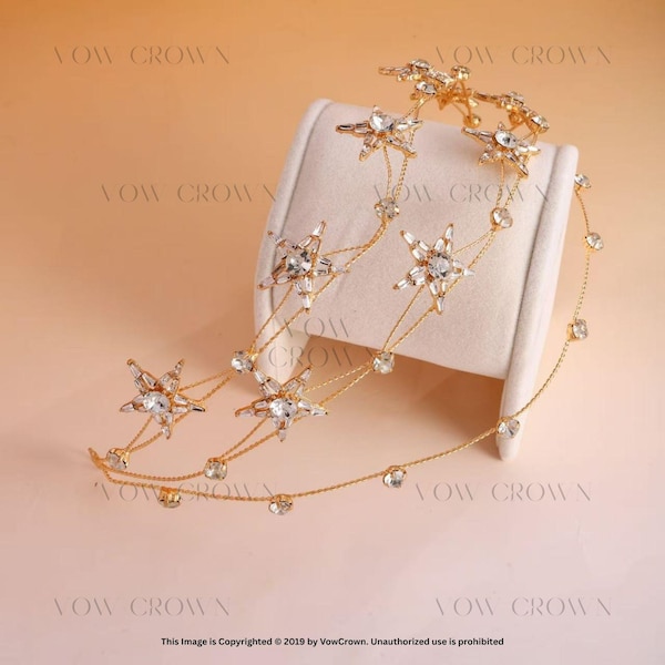 Handmade Gold Star Bridal Tiara: Baroque Crystal Celestial Crown