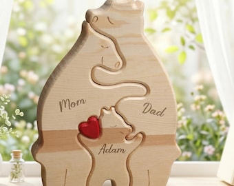 Rompecabezas de madera grabado con la familia de osos, recuerdo familiar hecho a mano, oso bebé y osos padres, decoración minimalista de madera para la habitación infantil.