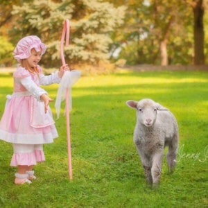 May include: A young girl dressed in a pink and white dress and a pink bonnet holds a pink shepherd's crook. She is standing in a grassy field with a white lamb walking towards her.
