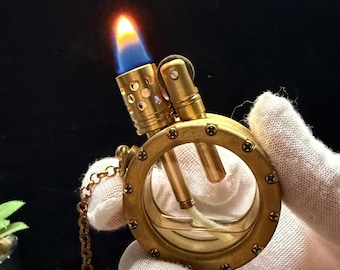 Steampunk Brass Lighter – Transparent Butane Torch, Refillable Vintage Gift
