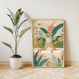 Cheetah Wall Art, Funny Animal Kids Room Print, Boho Jungle Bathtub Poster, Tropical Botanical Wall Decor, Maximalist Eclectic Bathroom Art