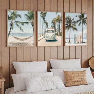 Set of 3 Tropical Surfboard Canvas Prints – Palm Tree Beach Wall Art – Coastal Ocean Photography – Summer Decor for Living Room or Bedroom