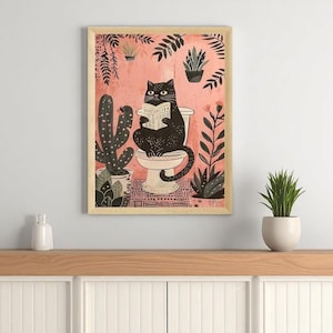Schwarze Katze auf Toilette Wandbild - Lustiges Badezimmer Dekor - Matisse Stil Leinwanddruck - Dopamin Pinke Katze Poster - Mid Century Modern Humor