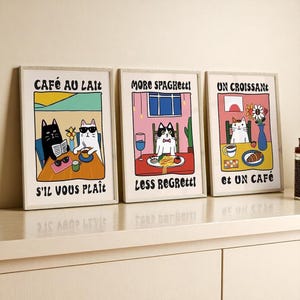 Cat Cafe Kitchen Print: Funny Spaghetti & Croissant Canvas Art