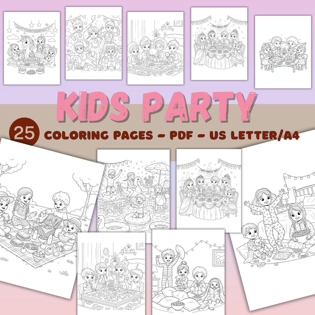 Kids Party Coloring Pages Printable, Birthday & Sleepover Coloring Book ...