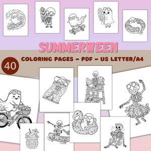 May include: A collection of black and white coloring pages featuring ghosts and skeletons in summer and Halloween themes. The pages include images of ghosts surfing, skateboarding, and enjoying ice cream. The text "SUMMERWEEN" and "40 COLORING PAGES" are also visible.