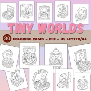 Puede incluir: Un conjunto de páginas para colorear en blanco y negro que representan escenas en miniatura. El título "TINY WORLDS" está en rosa. Las ilustraciones muestran animales en maletas, faroles y otros escenarios pequeños. El texto "30 COLORING PAGES - PDF - US LETTER/A4" también es visible.