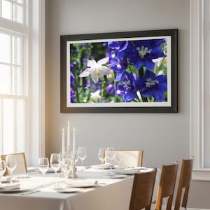 Foto di fiori primaverili blu e bianchi, download digitale, immagine floreale, arte murale, fotografia naturalistica, decorazione rilassante, regalo per la decorazione delle pareti di casa