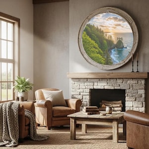 Round Wood Wall Art: Ocean & Forest Landscape - Rustic Cabin Decor