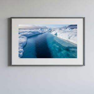Impression photo glacier, neige hiver rivière, art mural hiver, impressions nature, photo Islande, photo rivière, paysage, cadeau nature bleu blanc