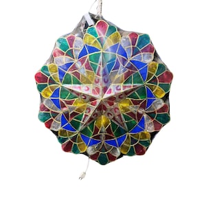 Colorful Filipino Capiz Christmas Parol – Star Lantern with 5-Point Center & Kaleidoscope Petal Design | Handmade Holiday Decor | 110V