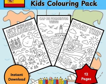 May include: A coloring pack for kids featuring illustrations of Majorca, Spain. The pack includes images of landmarks, boat trips, and scenic views. The cover displays the Spanish flag, the text "Let's Explore Majorca Kids Colouring Pack", and the words "Instant Download" and "12 Pages".
