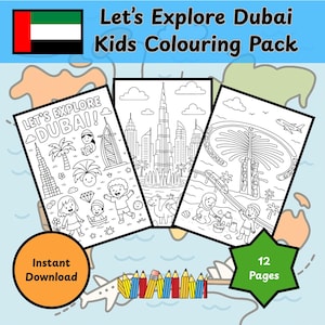 May include: A coloring pack for kids featuring Dubai landmarks and scenes. The cover displays the text "Let's Explore Dubai!" and "Kids Colouring Pack". Includes 12 pages and an instant download option. The United Arab Emirates flag is in the top left corner.