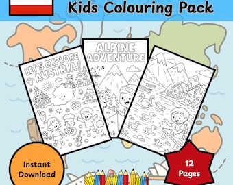 May include: A coloring pack for kids featuring the text "Let's Explore Austria" and "Alpine Adventure." The pack includes 12 pages of illustrations of Austrian landmarks and scenes, with an Austrian flag in the upper left corner.