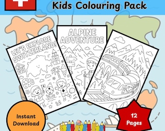 May include: A coloring pack for kids featuring the text "Let's Explore Switzerland" and "Alpine Adventure." The pack includes 12 pages with illustrations of Swiss landmarks and activities. An orange circle says "Instant Download."