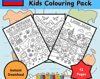 May include: A coloring pack for kids featuring the text "Let's Explore Slovenia" and illustrations of Slovenia's landmarks and culture. The pack includes 12 pages and is available for instant download. The design includes a Slovenian flag and colorful pencils.