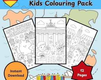 Pode incluir: Um pacote de colorir para crianças com o texto "Let's Explore Germany" e "Kids Colouring Pack". O pacote inclui três páginas para colorir com ilustrações de marcos e elementos culturais alemães. O pacote também inclui o texto "Instant Download" e "12 Pages".
