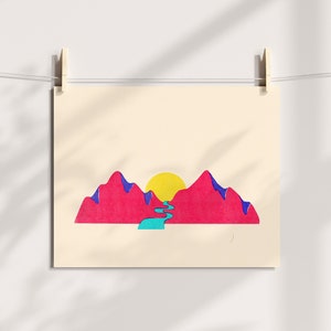 Pink Mountain Risograph Art Print, Colorful Wall Decor, Digital Illustration Print