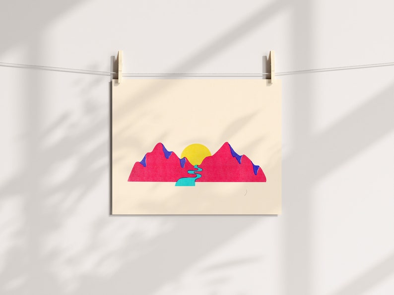 Pink Mountain Risograph Art Print, Colorful Wall Decor, Digital Illustration Print image 1