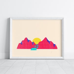 Pink Mountain Risograph Art Print, Colorful Wall Decor, Digital Illustration Print image 2