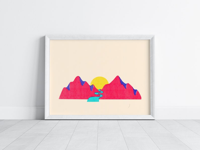 Pink Mountain Risograph Art Print, Colorful Wall Decor, Digital Illustration Print image 2