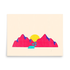 Pink Mountain Risograph Art Print, Colorful Wall Decor, Digital Illustration Print image 4