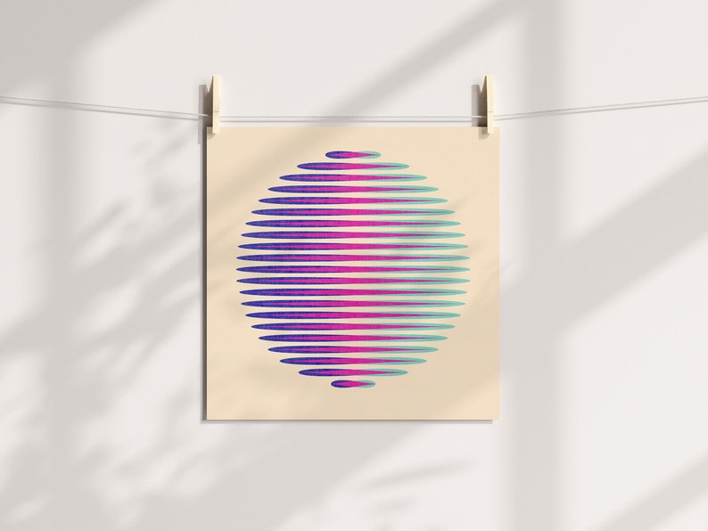 Pink and Blue Orb Abstract Risograph Print, Colorful Wall Decor, Digital Illustration Print image 1