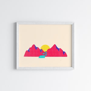 Pink Mountain Risograph Art Print, Colorful Wall Decor, Digital Illustration Print image 3