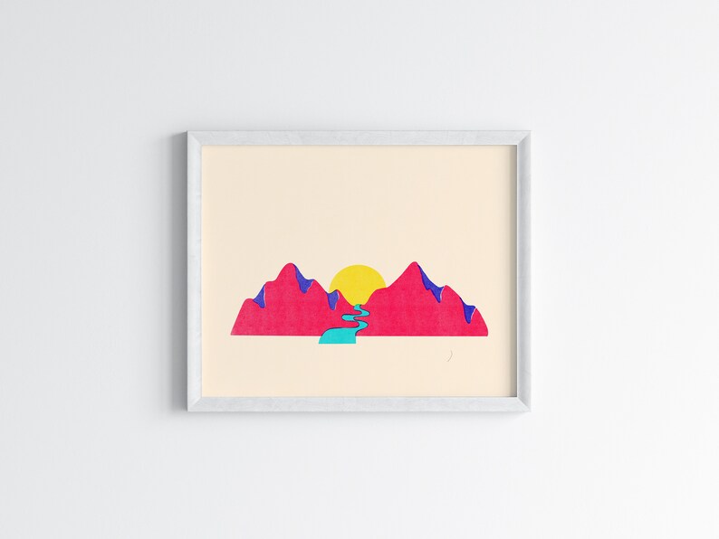 Pink Mountain Risograph Art Print, Colorful Wall Decor, Digital Illustration Print image 3