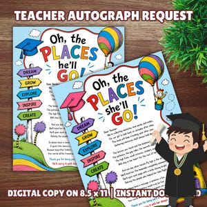 Oh The Places You’ll Go Book Signing Request for Teacher Kids Graduation Keepsake Gift End of Year Teacher Memory Book Printable Insert PDF