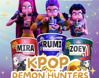 Etiquetas para Cup Noodles KPop Demon Hunters Ramyeon | Rumi Mira Zoey para impressão | Decoração para festa de cosplay, Halloween, aniversário e diversão | Fan Art de Demon Hunters